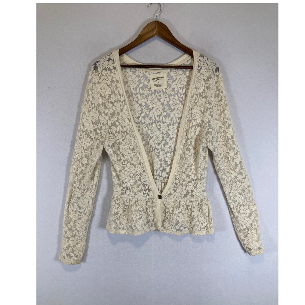 Cottagecore Arizona Jean Co Womens Large Cream Floral Lace Peplum Cardigan Top‎